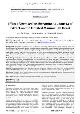 Effect of Momordica Charantia Aqueous Leaf Extract on the Isolated Mammalian Heart