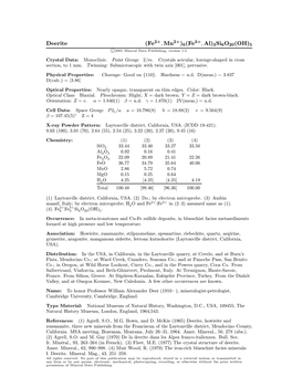 Deerite (Fe ; Mn )6(Fe ; Al)3Si6o20(OH)5 C 2001 Mineral Data Publishing, Version 1.2 ° Crystal Data: Monoclinic