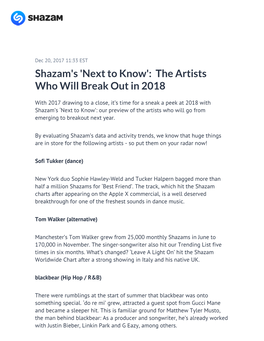 Shazam's 'Next to Know': the Artists Who Will Break out in 2018