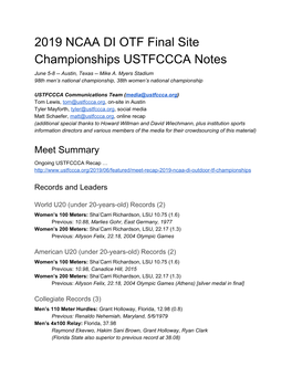 2019 NCAA DI OTF Final Site Championships USTFCCCA Notes June 5-8 -- Austin, Texas -- Mike A