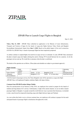 ZIPAIR Plan to Launch Cargo Flights to Bangkok