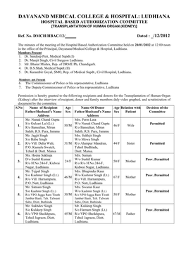 Ludhiana Hospital Based Authorization Committee [Transplantation of Human Organ (Kidney)]