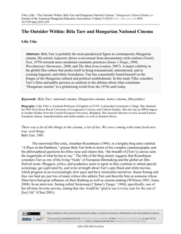 The Outsider Within: Béla Tarr and Hungarian National Cinema.” Hungarian Cultural Studies