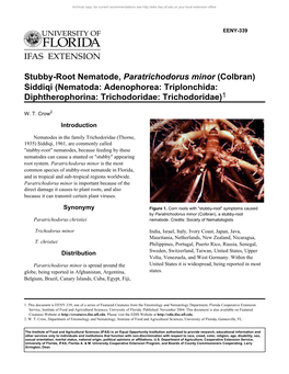 Stubby-Root Nematode, Paratrichodorus Minor (Colbran) Siddiqi (Nematoda: Adenophorea: Triplonchida: Diphtherophorina: Trichodoridae: Trichodoridae)1