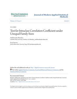 Test for Intraclass Correlation Coefficient Under Unequal Family Sizes Madhusudan Bhandary Columbus State University, Columbus, GA, Bhandary Madhusudan@Colstate.Edu