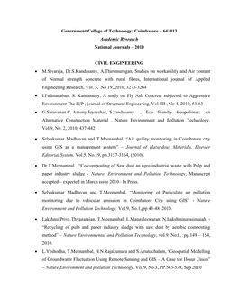 Government College of Technology; Coimbatore – 641013 Academic Research National Journals – 2010