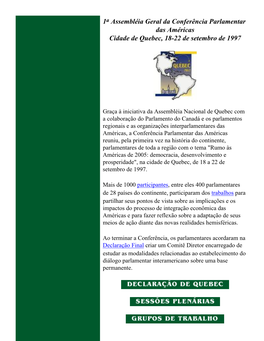 Conferência Parlamentar Das Américas Cidade De Quebec, 18-22 De Setembro De 1997