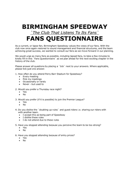 Birmingham Speedway Fans Questionnaire