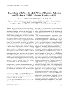 Knockdown of EPHA1 by CRISPR/CAS9 Promotes Adhesion and Motility of HRT18 Colorectal Carcinoma Cells