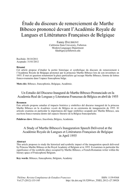 Étude Du Discours De Remerciement De Marthe Bibesco Prononcé Devant L'académie Royale De Langues Et Littératures Français