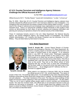 41 U.S. Counter-Terrorism and Intelligence Agency Veterans Challenge the Official Account of 9/11 by Alan Miller, Alan.Miller@Patriotsquestion911.Com