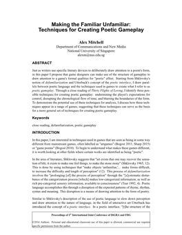 Making the Familiar Unfamiliar: Techniques for Creating Poetic Gameplay