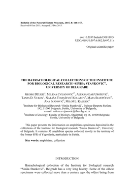 The Batrachological Collections of the Institute for Biological Research “Siniša Stanković”, University of Belgrade