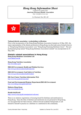 Hong Kong Information Sheet Compiled on Behalf of the American Overseas Dietetic Association