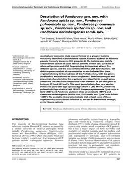 Description of Pandoraea Gen. Nov. with Pandoraea Apista Sp. Nov., Pandoraea Pulmonicola Sp