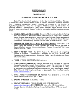 EASTERN RAILWAY HOWRAH DIVISION TENDER NOTICE No