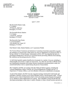 STATE of VERMONT April 17, 2019 the Honorable Patrick Leahy U.S