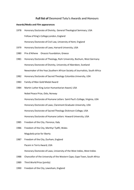 Full List of Desmond Tutu's Awards and Honours