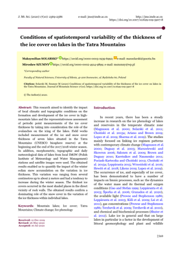 Conditions of Spatiotemporal Variability of the Thickness of the Ice Cover on Lakes in the Tatra Mountains