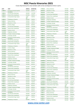 MSC Poesia Itineraries 2021 Cruise Ship Itinerary for Crew Members with Arrival and Departure Times in Ports