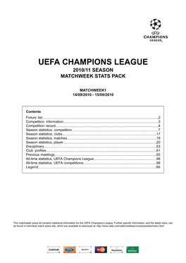 Uefa Champions League 2010/11 Season Matchweek Stats Pack