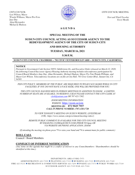 A G E N D a Special Meeting of the Suisun City Council Acting As Successor Agency to the Redevelopment Agency of the City Of