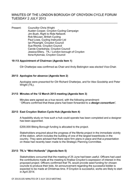 Minutes of the London Borough of Croydon Cycle Forum Tuesday 2 July 2013 ______