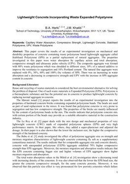 Lightweight Concrete Incorporating Waste Expanded Polystyrene B.A