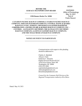 BEFORE the SURFACE TRANSPORTATION BOARD ENTERED ______Office of Proceedings May 19, 2021 STB Finance Docket No