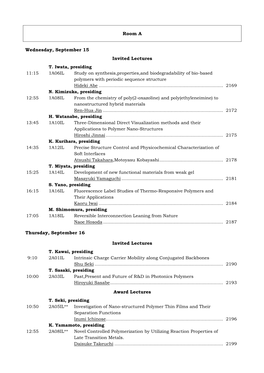 Room a Wednesday, September 15 Invited Lectures T. Iwata, Presiding