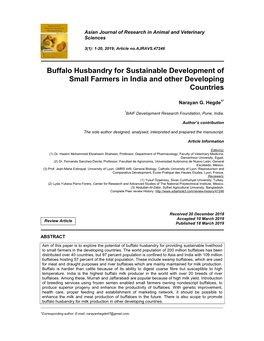 Buffalo Husbandry for Sustainable Development of Small Farmers in India and Other Developing Countries