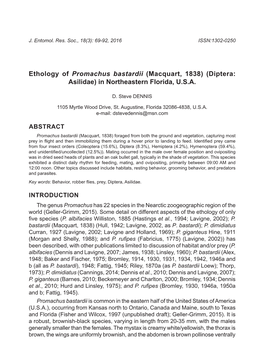 Ethology of Promachus Bastardii (Macquart, 1838) (Diptera: Asilidae) in Northeastern Florida, U.S.A