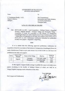 Papers Circulati.G Irl the Locality of Siddipet District of Which One Shall Be in Telugu/English Language Under Intimation to This Office