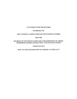 Statement for the Record on Behalf of the National Association of Convenience Stores for the Hearing of the House Judiciary Subc