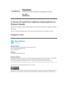 Mandenkan, 59 | 2018 a Survey of Word‑Level Replacive Tonal Patterns in Western Mande 2