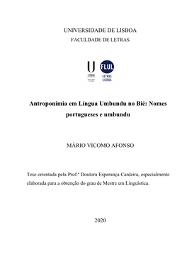 Antroponímia Em Língua Umbundu No Bié: Nomes Portugueses E Umbundu