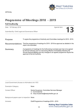 Programme of Meetings 2018 - 2019 Full Authority