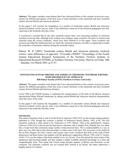 Palmer, W. P. (2001). Nineteenth Century British and American Chemistry Textbook Writers: Some Differences of Approach