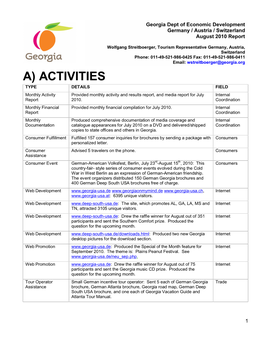 A) ACTIVITIES TYPE DETAILS FIELD Monthly Activity Provided Monthly Activity and Results Report, and Media Report for July Internal Report 2010