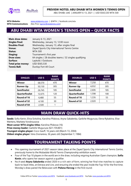 Abu Dhabi Wta Women's Tennis Open – Quick Facts Main Draw Quick-Hits Tournament Talking Points