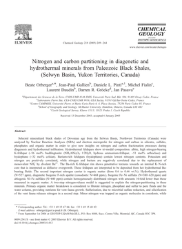 Nitrogen and Carbon Partitioning in Diagenetic and Hydrothermal Minerals from Paleozoic Black Shales, (Selwyn Basin, Yukon Territories, Canada)