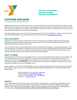 CLOTHING and GEAR Porcupine Mountains Information Packet