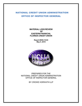 OIG-10-04 Material Loss Review of Eastern Financial Florida Credit