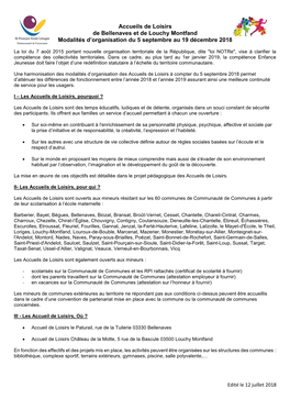 Accueils De Loisirs De Bellenaves Et De Louchy Montfand Modalités D’Organisation Du 5 Septembre Au 19 Décembre 2018