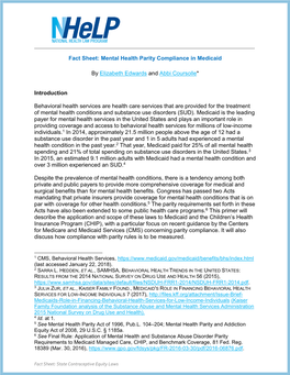 Fact Sheet: Mental Health Parity Compliance in Medicaid by Elizabeth Edwards and Abbi Coursolle* Introduction Behavioral Health