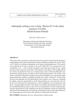 Arthropods Settling a Rose Variety 'Bonica 82' in the Urban Greenery Of