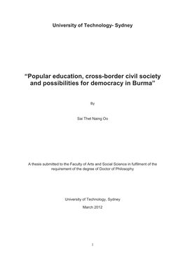 Popular Education, Cross-Border Civil Society and Possibilities for Democracy in Burma”