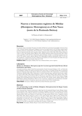 Nuevos E Interesantes Registros De Miridae (Hemiptera: Heteroptera) En El País Vasco (Norte De La Península Ibérica)