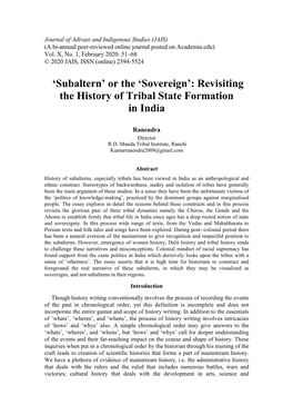 'Subaltern' Or the 'Sovereign': Revisiting the History of Tribal State