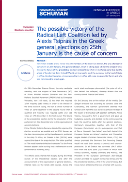 The Possible Victory of the Radical Left Coalition Led by Alexis Tsipras in the Greek General Elections on 25Th January Is the Cause of Concern